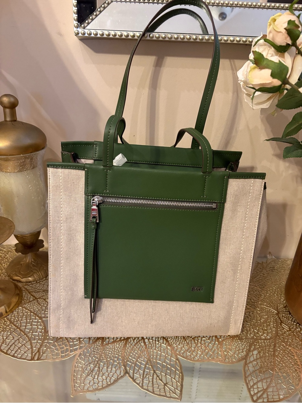 DKNY Green Leather & Natural Canvas Tote with Front Zip Pocket